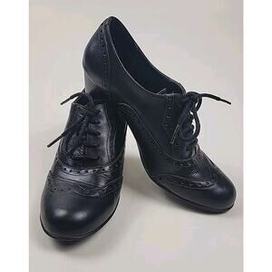 Eurostep Gabrielle Black Leather Lace Up Retro Oxford Bootie Heels Shoes 6.5
